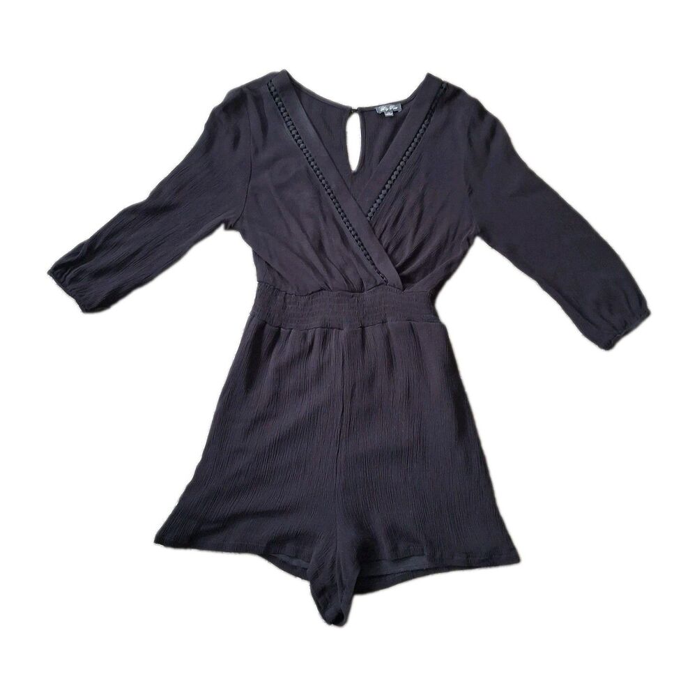 Lily Rose Black Pom-Pom Trim Long Sleeve Romper XS Cottagecore Bohemian Boho